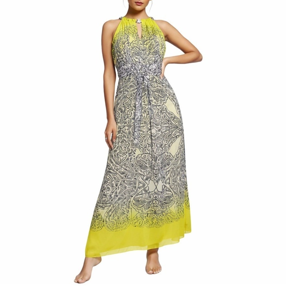 Emma & Michele Maxi Dress Womens 10 Lime Green Paisley Halter Ombre Festival